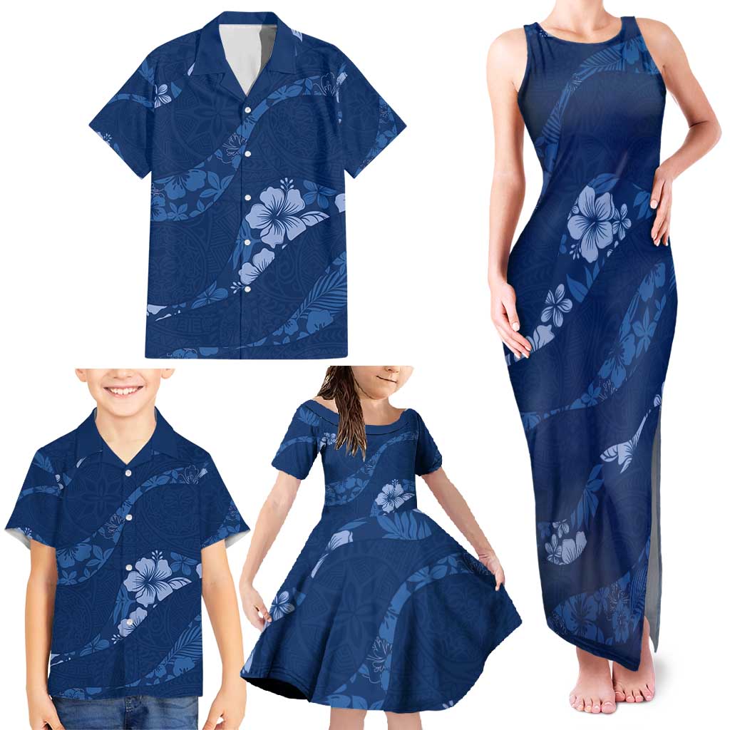 Aloha Hawaii Floral Tapa Family Matching Tank Maxi Dress and Hawaiian Shirt Patchwork Navy - Polynesian Pride