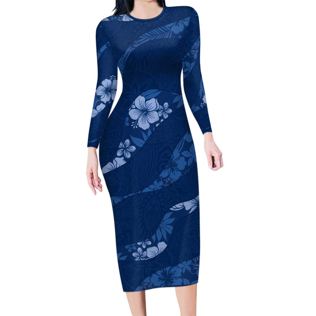 Aloha Hawaii Floral Tapa Long Sleeve Bodycon Dress Patchwork Navy - Polynesian Pride