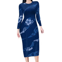 Aloha Hawaii Floral Tapa Long Sleeve Bodycon Dress Patchwork Navy - Polynesian Pride