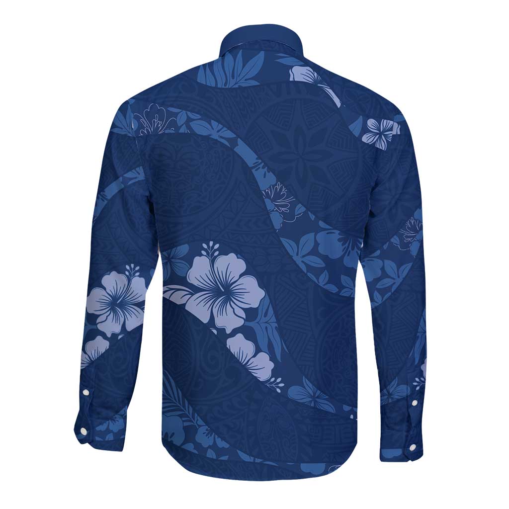 Aloha Hawaii Floral Tapa Long Sleeve Button Shirt Patchwork Navy - Polynesian Pride