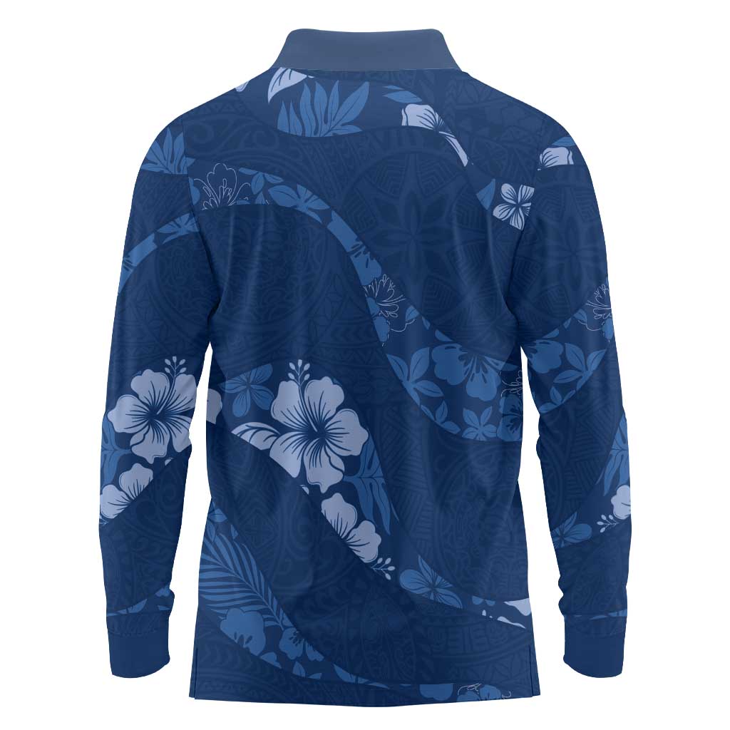 Aloha Hawaii Floral Tapa Long Sleeve Polo Shirt Patchwork Navy - Polynesian Pride