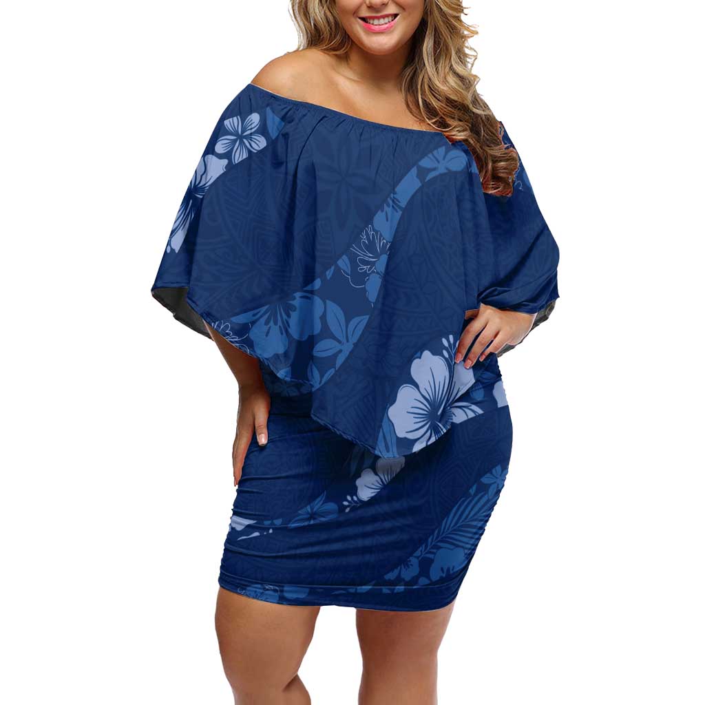 Aloha Hawaii Floral Tapa Off Shoulder Short Dress Patchwork Navy - Polynesian Pride