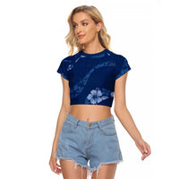 Aloha Hawaii Floral Tapa Raglan Cropped T Shirt Patchwork Navy - Polynesian Pride
