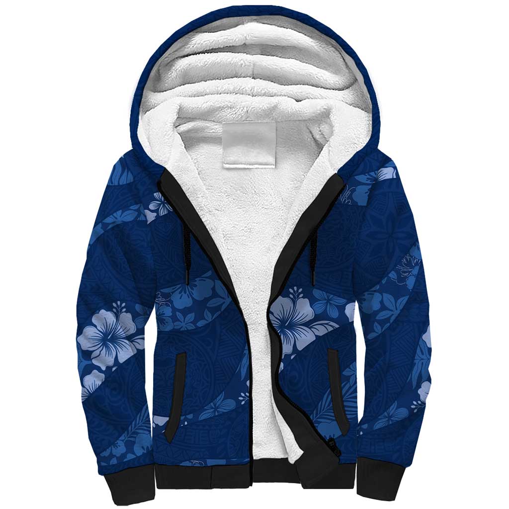 Aloha Hawaii Floral Tapa Sherpa Hoodie Patchwork Navy LT7 Unisex Navy - Polynesian Pride