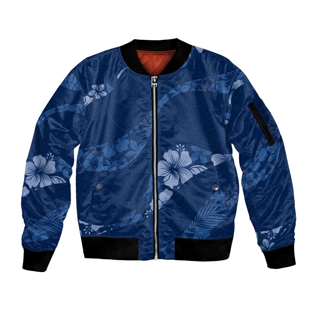 Aloha Hawaii Floral Tapa Sleeve Zip Bomber Jacket Patchwork Navy - Polynesian Pride