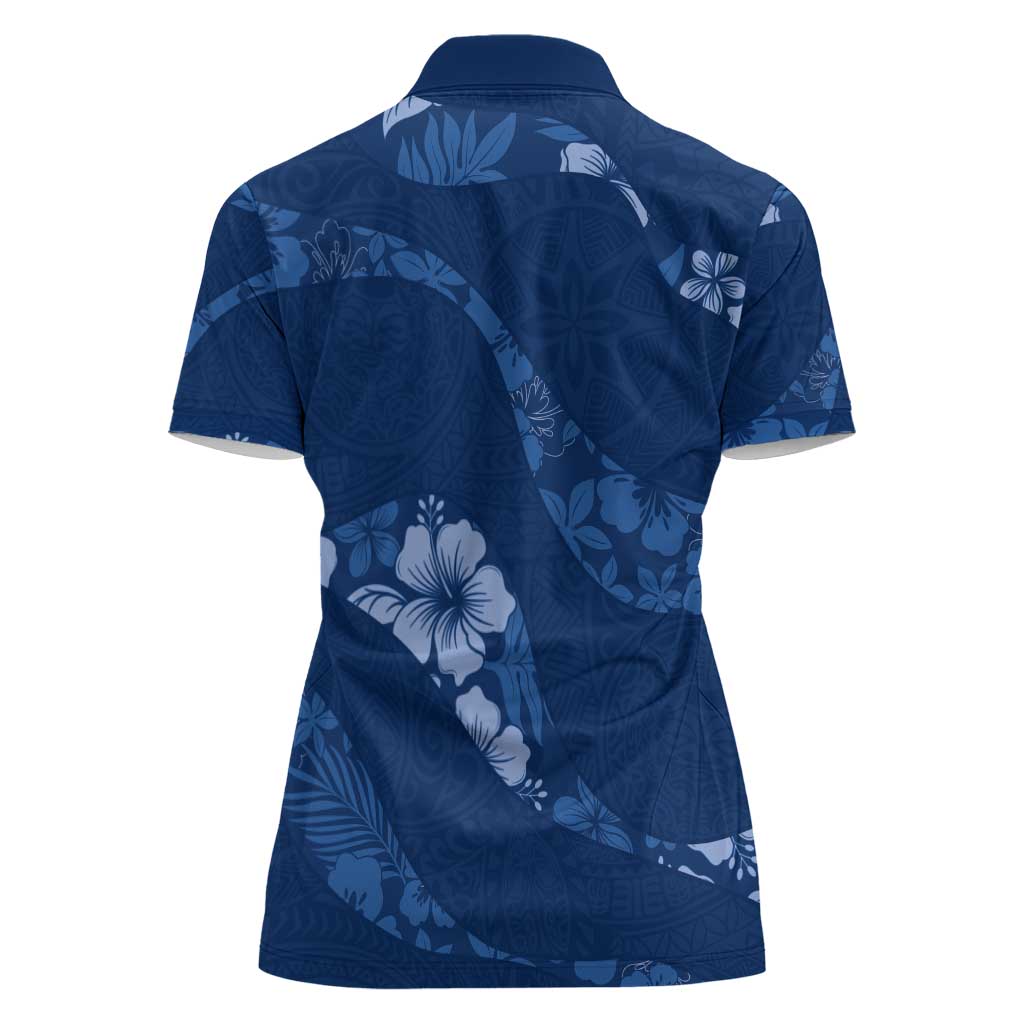 Aloha Hawaii Floral Tapa Women Polo Shirt Patchwork Navy - Polynesian Pride
