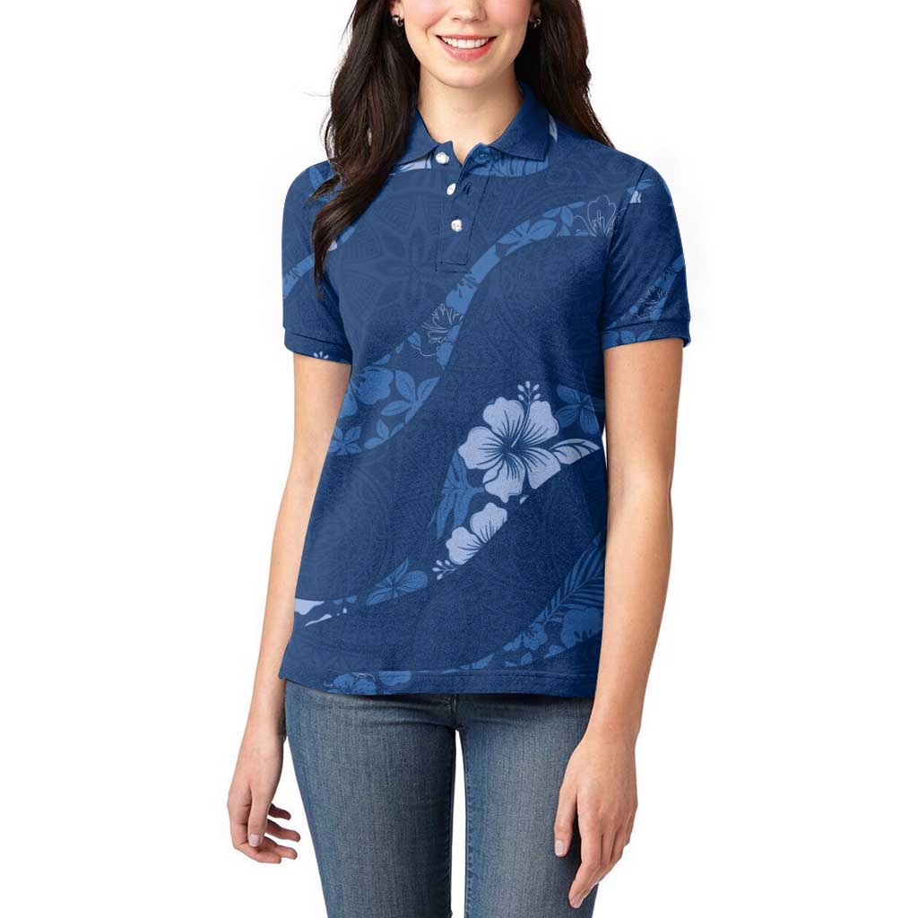 Aloha Hawaii Floral Tapa Women Polo Shirt Patchwork Navy - Polynesian Pride