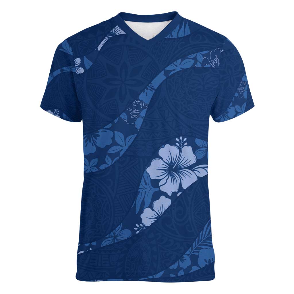 Aloha Hawaii Floral Tapa Women V-Neck T-Shirt Patchwork Navy LT7 Female Navy - Polynesian Pride