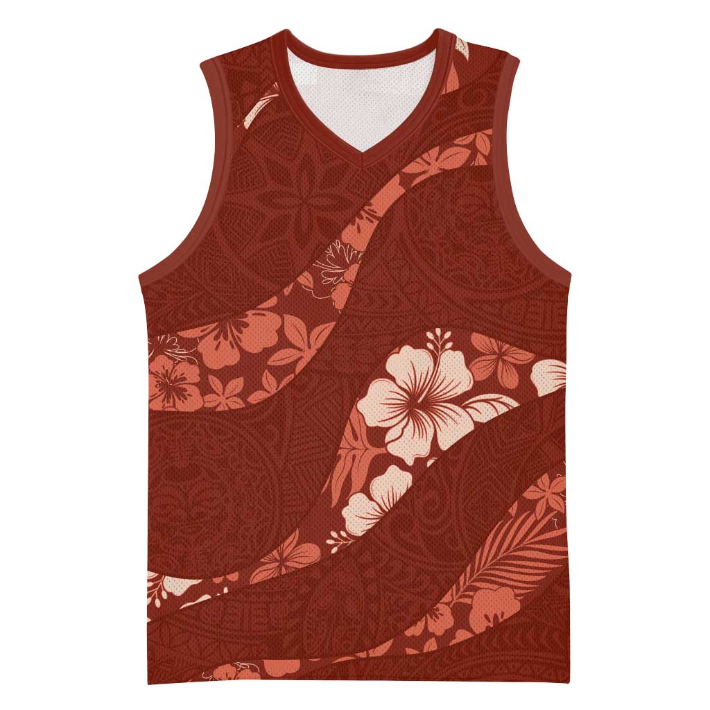 Aloha Hawaii Floral Tapa Basketball Jersey Patchwork Crimson - Polynesian Pride