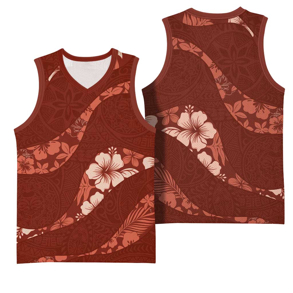Aloha Hawaii Floral Tapa Basketball Jersey Patchwork Crimson - Polynesian Pride