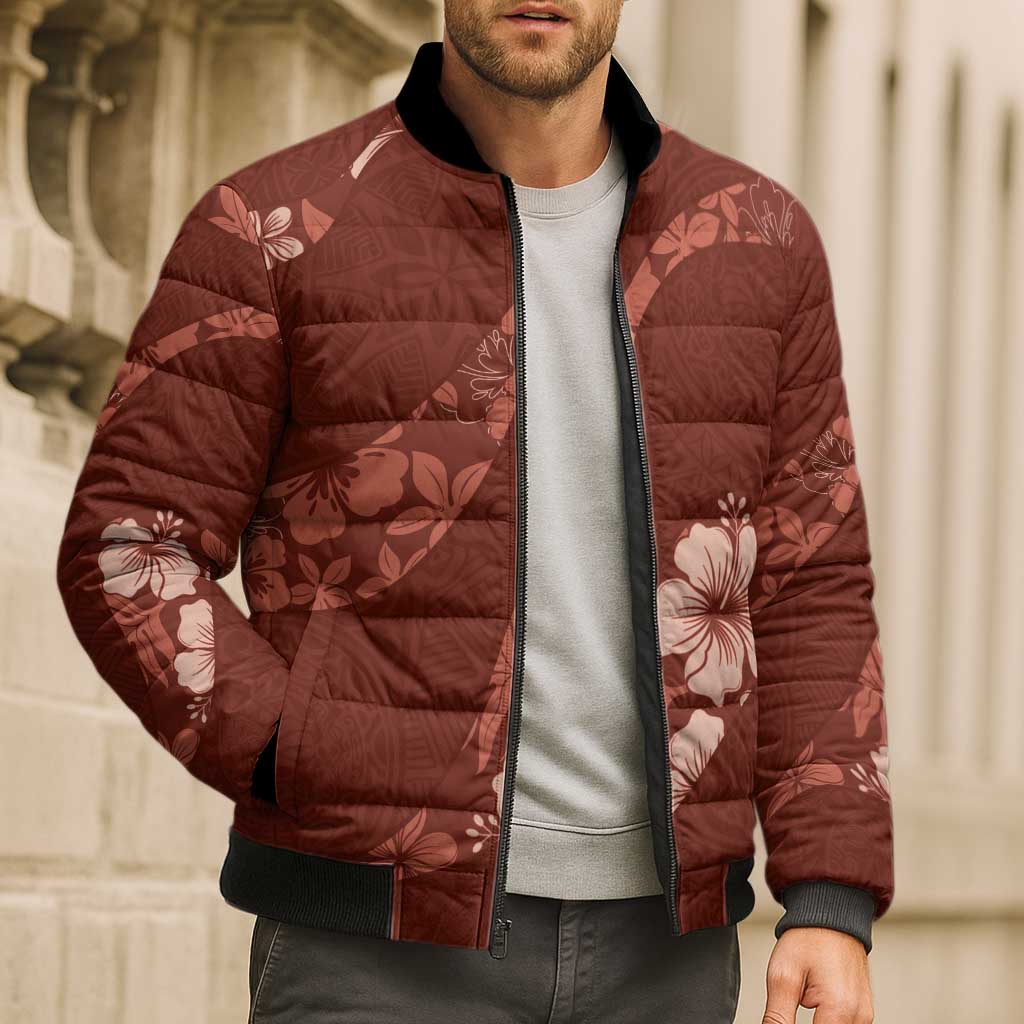 Aloha Hawaii Floral Tapa Bomber Puffer Jacket Patchwork Crimson - Polynesian Pride