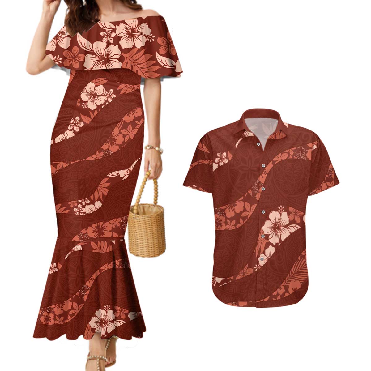 Aloha Hawaii Floral Tapa Couples Matching Mermaid Dress and Hawaiian Shirt Patchwork Crimson LT7 Crimson - Polynesian Pride