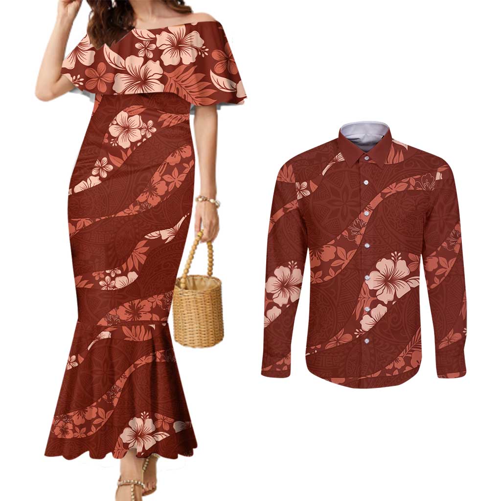 Aloha Hawaii Floral Tapa Couples Matching Mermaid Dress and Long Sleeve Button Shirt Patchwork Crimson - Polynesian Pride