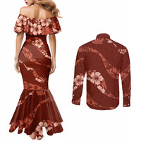 Aloha Hawaii Floral Tapa Couples Matching Mermaid Dress and Long Sleeve Button Shirt Patchwork Crimson - Polynesian Pride