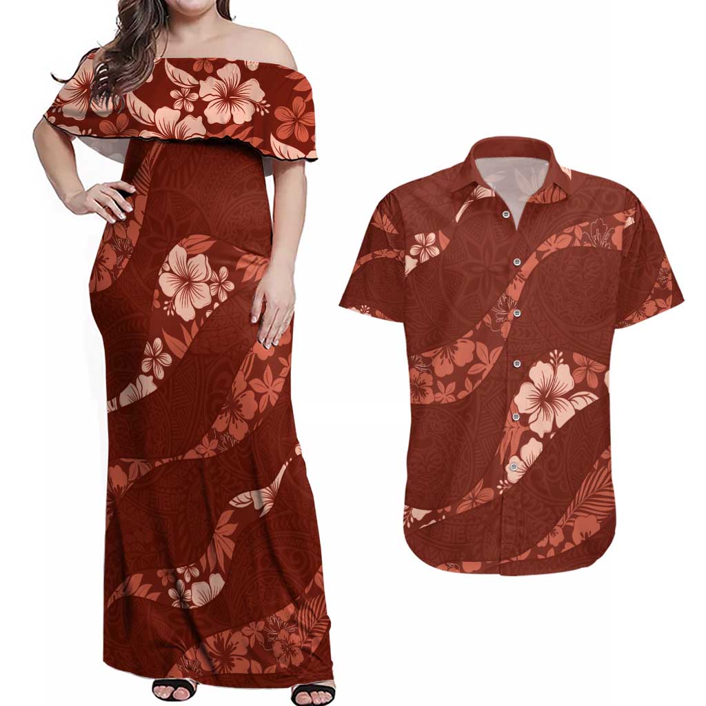 Aloha Hawaii Floral Tapa Couples Matching Off Shoulder Maxi Dress and Hawaiian Shirt Patchwork Crimson LT7 Crimson - Polynesian Pride