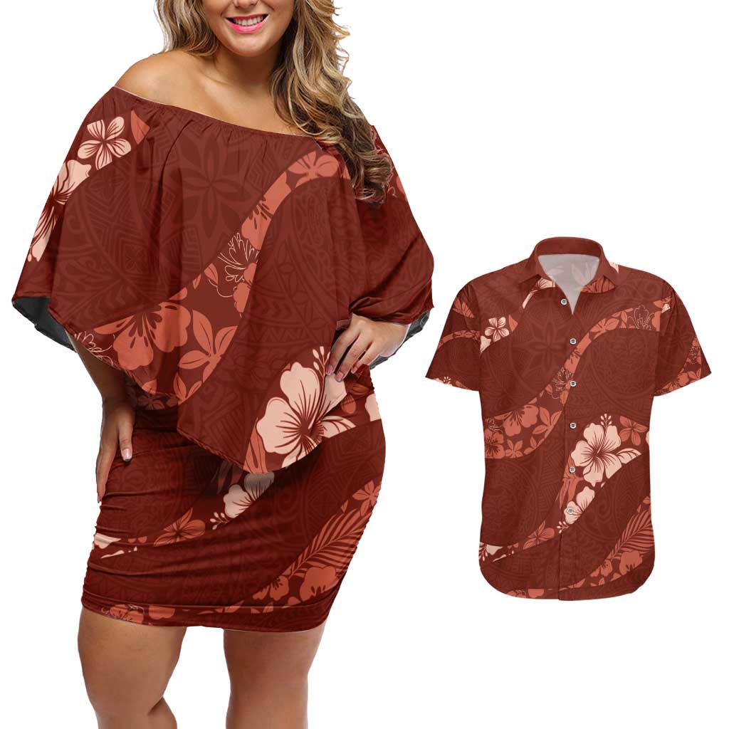 Aloha Hawaii Floral Tapa Couples Matching Off Shoulder Short Dress and Hawaiian Shirt Patchwork Crimson - Polynesian Pride