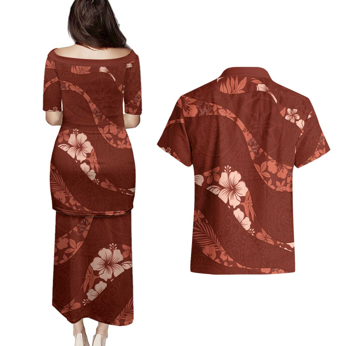Aloha Hawaii Floral Tapa Couples Matching Puletasi and Hawaiian Shirt Patchwork Crimson - Polynesian Pride