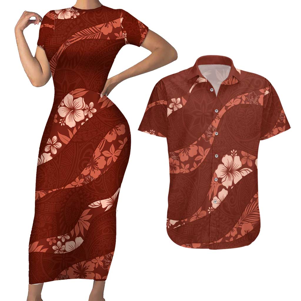 Aloha Hawaii Floral Tapa Couples Matching Short Sleeve Bodycon Dress and Hawaiian Shirt Patchwork Crimson - Polynesian Pride