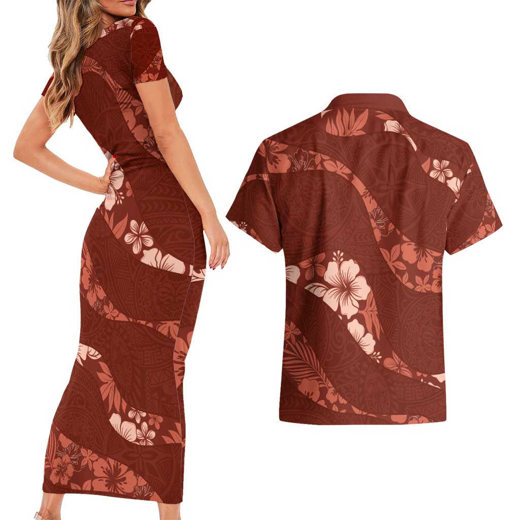 Aloha Hawaii Floral Tapa Couples Matching Short Sleeve Bodycon Dress and Hawaiian Shirt Patchwork Crimson - Polynesian Pride