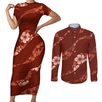 Aloha Hawaii Floral Tapa Couples Matching Short Sleeve Bodycon Dress and Long Sleeve Button Shirt Patchwork Crimson - Polynesian Pride