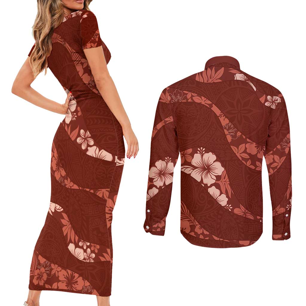 Aloha Hawaii Floral Tapa Couples Matching Short Sleeve Bodycon Dress and Long Sleeve Button Shirt Patchwork Crimson - Polynesian Pride