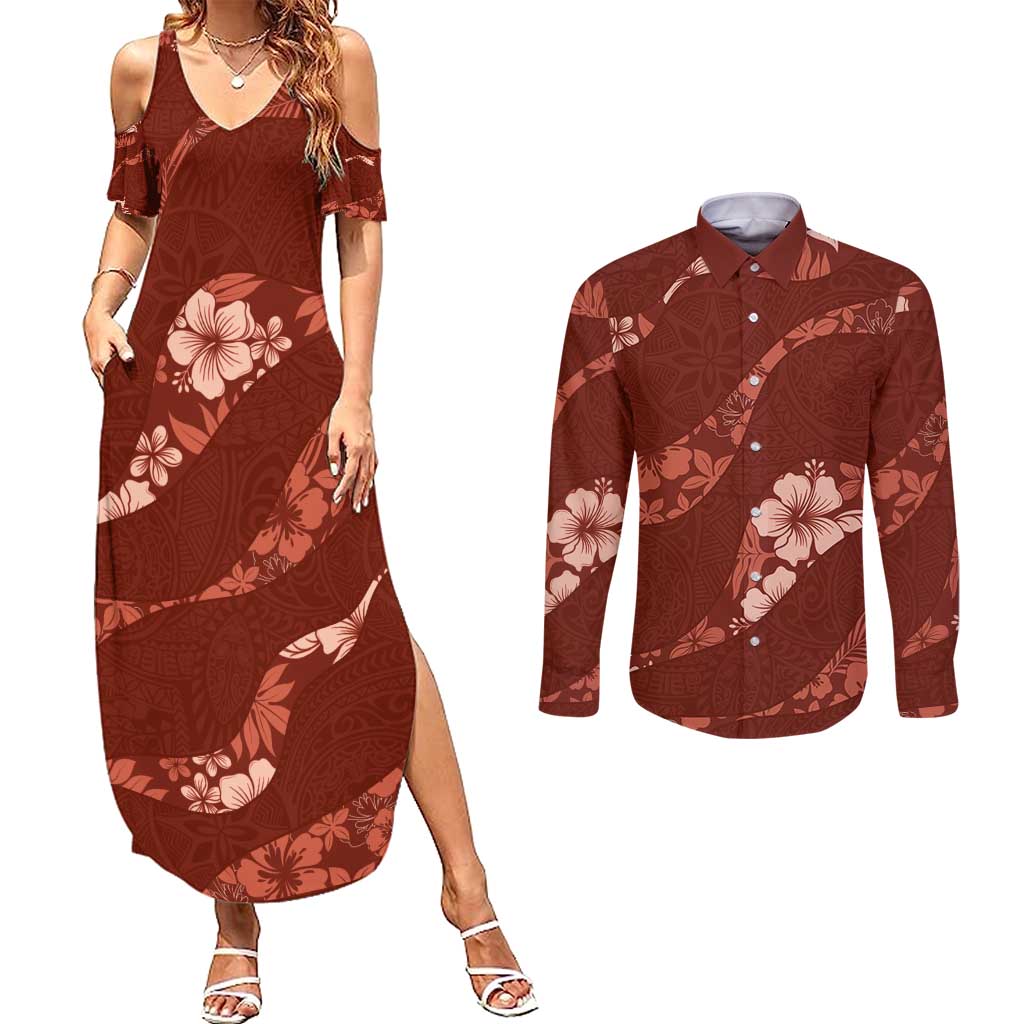 Aloha Hawaii Floral Tapa Couples Matching Summer Maxi Dress and Long Sleeve Button Shirt Patchwork Crimson LT7 Crimson - Polynesian Pride