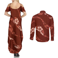 Aloha Hawaii Floral Tapa Couples Matching Summer Maxi Dress and Long Sleeve Button Shirt Patchwork Crimson - Polynesian Pride