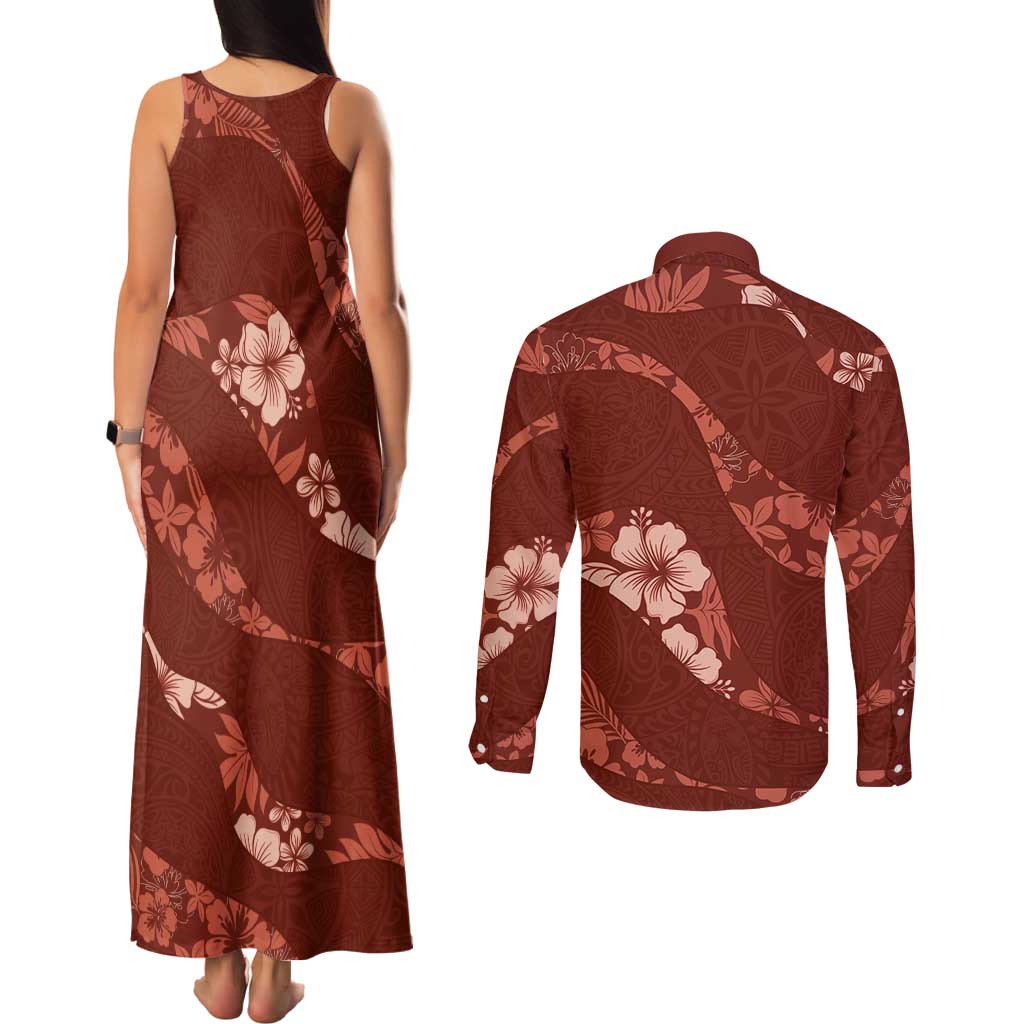 Aloha Hawaii Floral Tapa Couples Matching Tank Maxi Dress and Long Sleeve Button Shirt Patchwork Crimson - Polynesian Pride