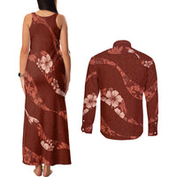 Aloha Hawaii Floral Tapa Couples Matching Tank Maxi Dress and Long Sleeve Button Shirt Patchwork Crimson - Polynesian Pride