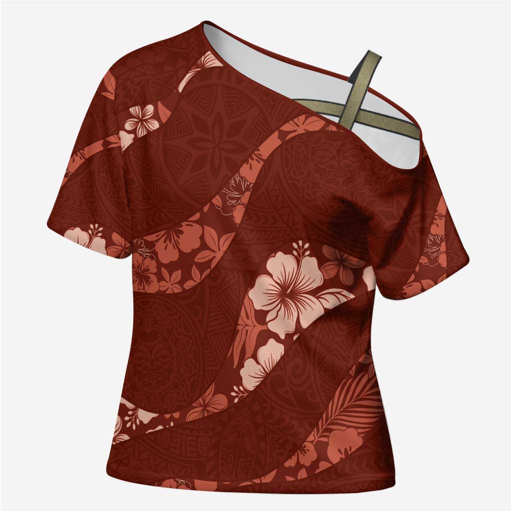 Aloha Hawaii Floral Tapa Cross Shoulder Shirt Patchwork Crimson LT7 Female Crimson - Polynesian Pride