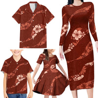 Aloha Hawaii Floral Tapa Family Matching Long Sleeve Bodycon Dress and Hawaiian Shirt Patchwork Crimson - Polynesian Pride
