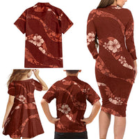 Aloha Hawaii Floral Tapa Family Matching Long Sleeve Bodycon Dress and Hawaiian Shirt Patchwork Crimson - Polynesian Pride