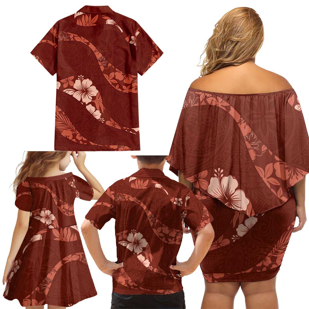 Aloha Hawaii Floral Tapa Family Matching Off Shoulder Short Dress and Hawaiian Shirt Patchwork Crimson - Polynesian Pride