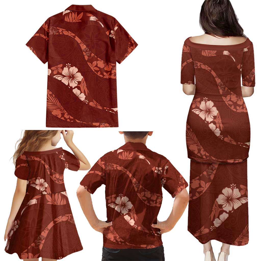 Aloha Hawaii Floral Tapa Family Matching Puletasi and Hawaiian Shirt Patchwork Crimson - Polynesian Pride