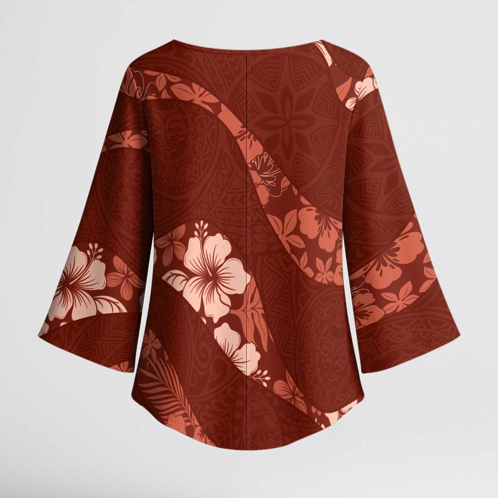 Aloha Hawaii Floral Tapa Kimono Sleeve Blouse Patchwork Crimson - Polynesian Pride