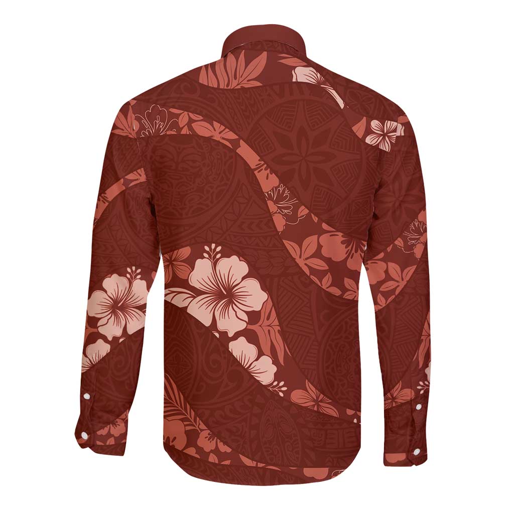 Aloha Hawaii Floral Tapa Long Sleeve Button Shirt Patchwork Crimson - Polynesian Pride