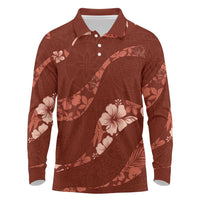 Aloha Hawaii Floral Tapa Long Sleeve Polo Shirt Patchwork Crimson - Polynesian Pride