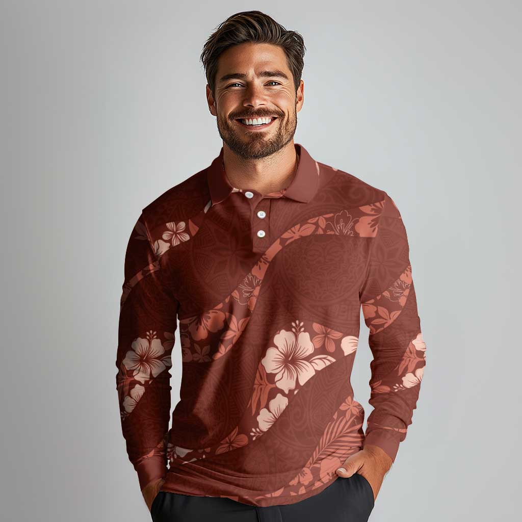 Aloha Hawaii Floral Tapa Long Sleeve Polo Shirt Patchwork Crimson - Polynesian Pride