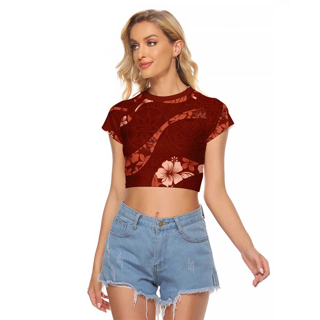 Aloha Hawaii Floral Tapa Raglan Cropped T Shirt Patchwork Crimson LT7 Female Crimson - Polynesian Pride