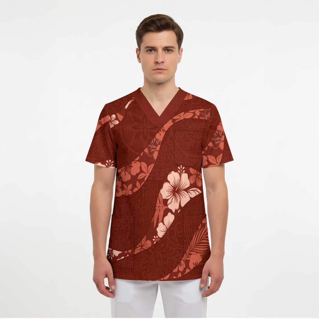 Aloha Hawaii Floral Tapa Scrub Top Patchwork Crimson - Polynesian Pride