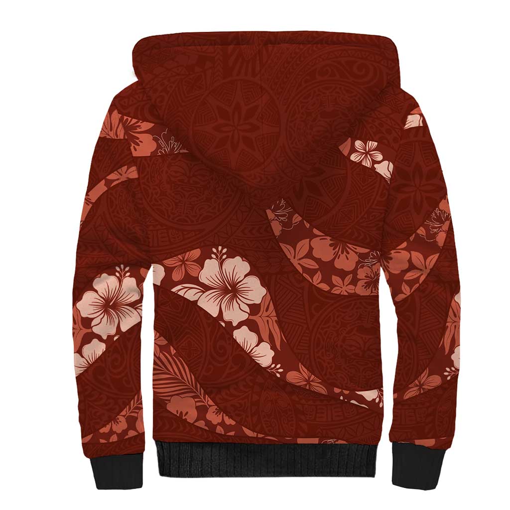 Aloha Hawaii Floral Tapa Sherpa Hoodie Patchwork Crimson - Polynesian Pride