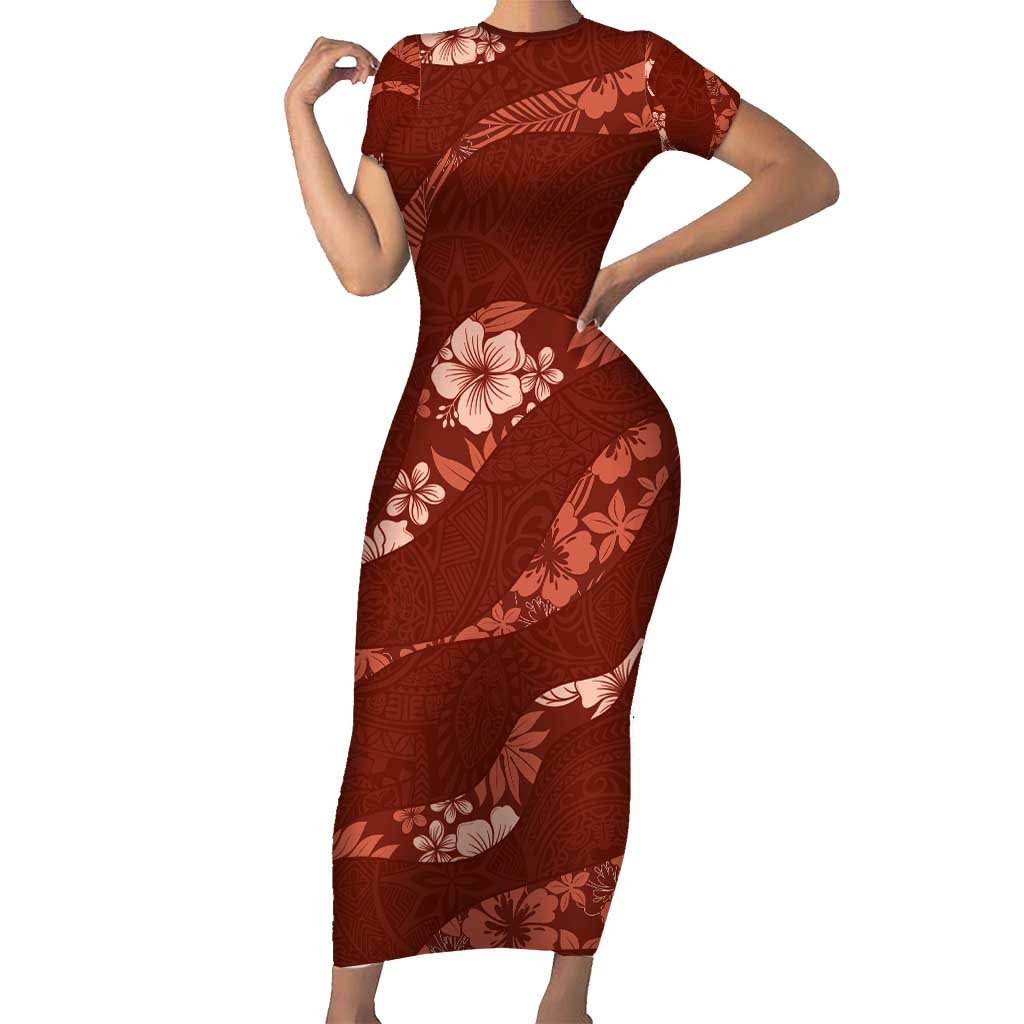 Aloha Hawaii Floral Tapa Short Sleeve Bodycon Dress Patchwork Crimson - Polynesian Pride