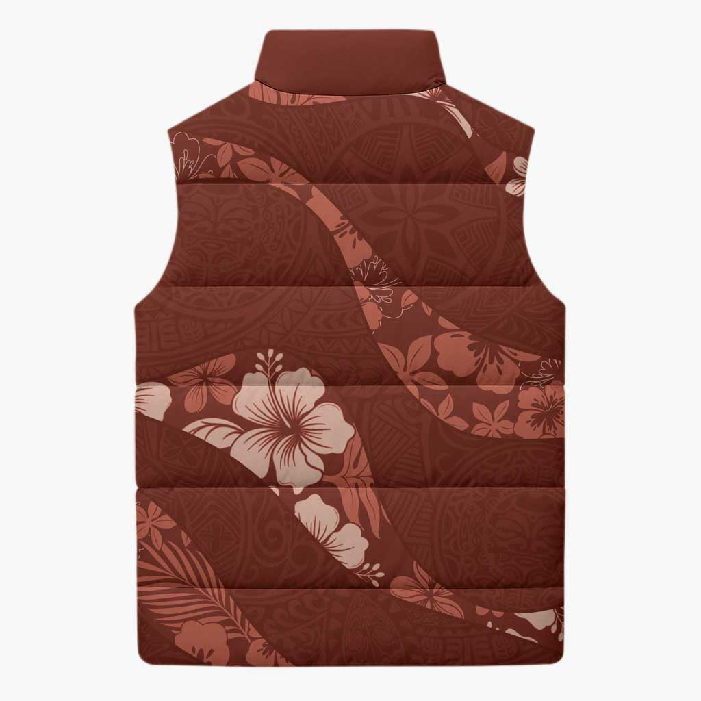 Aloha Hawaii Floral Tapa Sleeveless Puffer Jacket Patchwork Crimson - Polynesian Pride