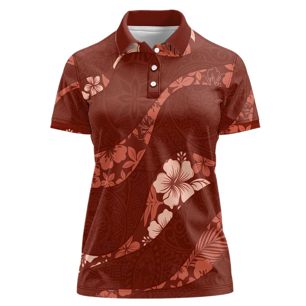 Aloha Hawaii Floral Tapa Women Polo Shirt Patchwork Crimson - Polynesian Pride
