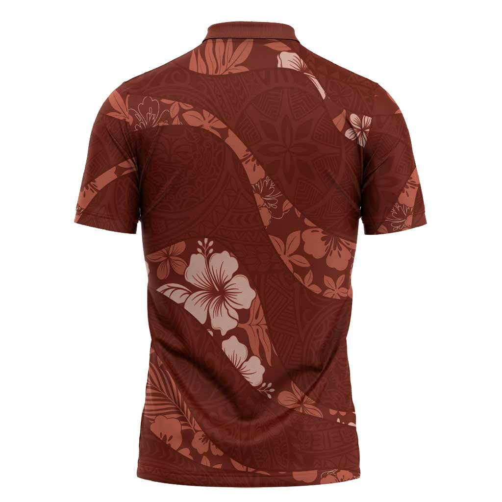 Aloha Hawaii Floral Tapa Zipper Polo Shirt Patchwork Crimson - Polynesian Pride