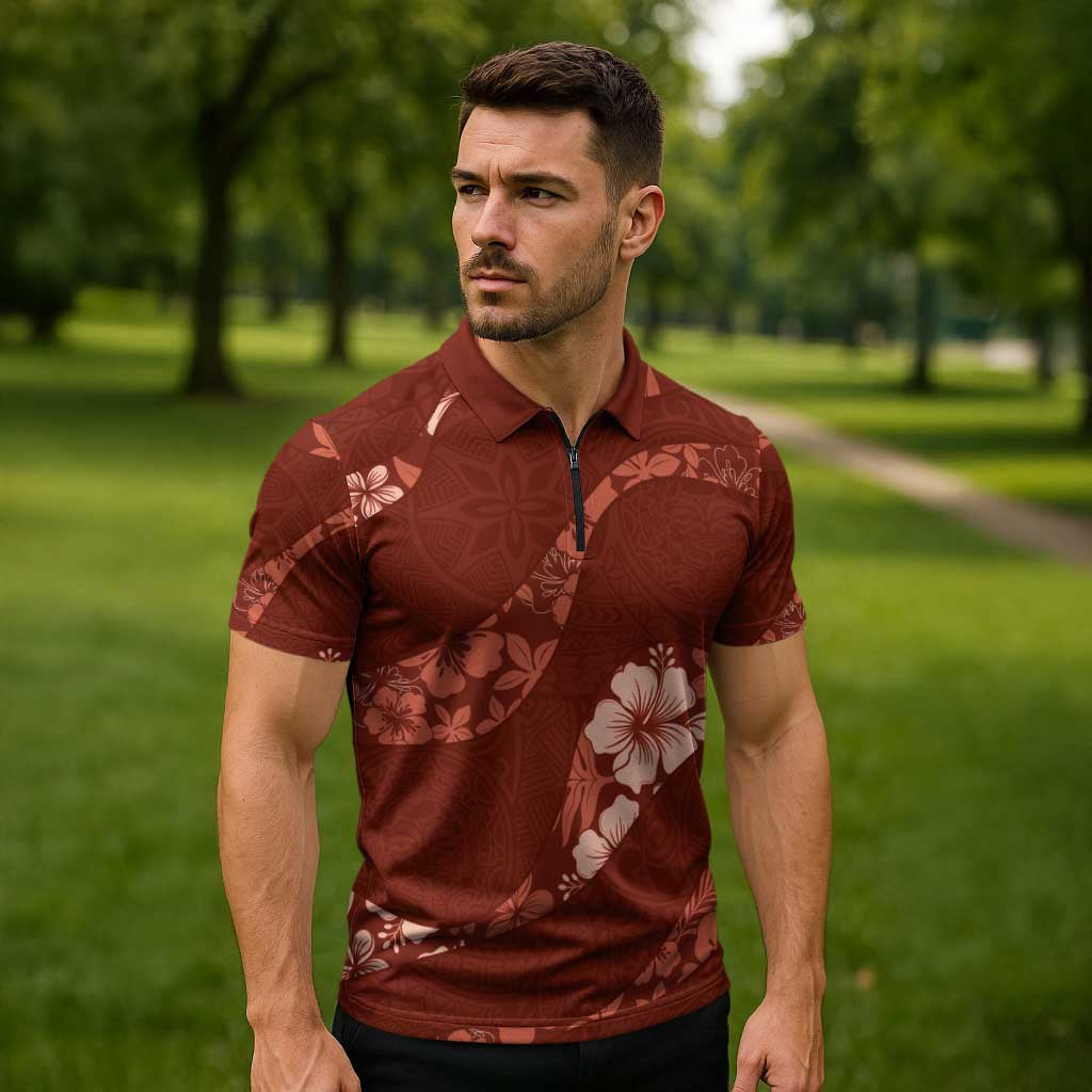 Aloha Hawaii Floral Tapa Zipper Polo Shirt Patchwork Crimson - Polynesian Pride
