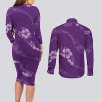 Aloha Hawaii Floral Tapa Couples Matching Long Sleeve Bodycon Dress and Long Sleeve Button Shirt Patchwork Violet - Polynesian Pride
