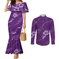 Aloha Hawaii Floral Tapa Couples Matching Mermaid Dress and Long Sleeve Button Shirt Patchwork Violet - Polynesian Pride