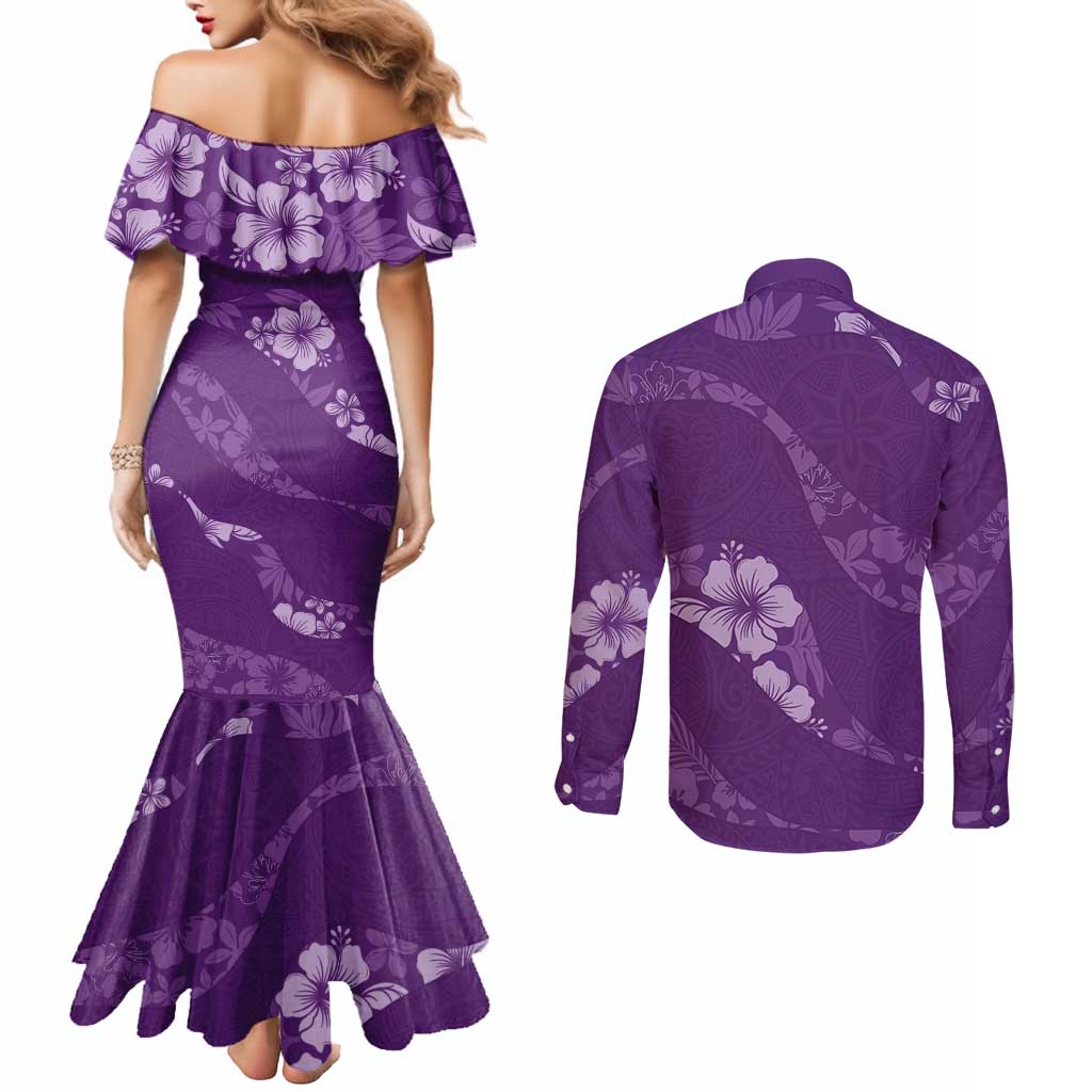 Aloha Hawaii Floral Tapa Couples Matching Mermaid Dress and Long Sleeve Button Shirt Patchwork Violet - Polynesian Pride