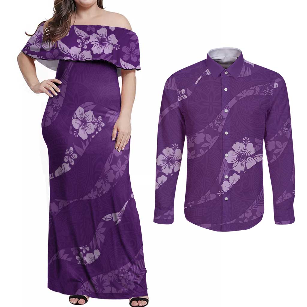Aloha Hawaii Floral Tapa Couples Matching Off Shoulder Maxi Dress and Long Sleeve Button Shirt Patchwork Violet - Polynesian Pride